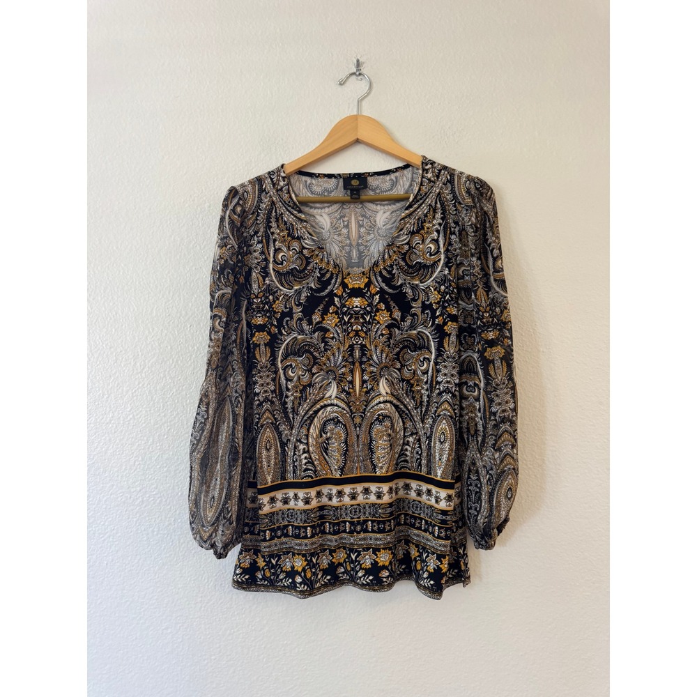 JM Collection Paisley Print Blouse Sheer Balloon Sleeve XS‎ Black Gold Excellent